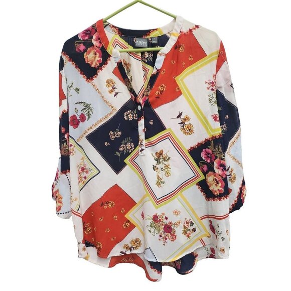 SOHO Jeans Womens Blouse Top Large Multi Floral Half Button Slit 3/4 Sleeve - Picture 1 of 9
